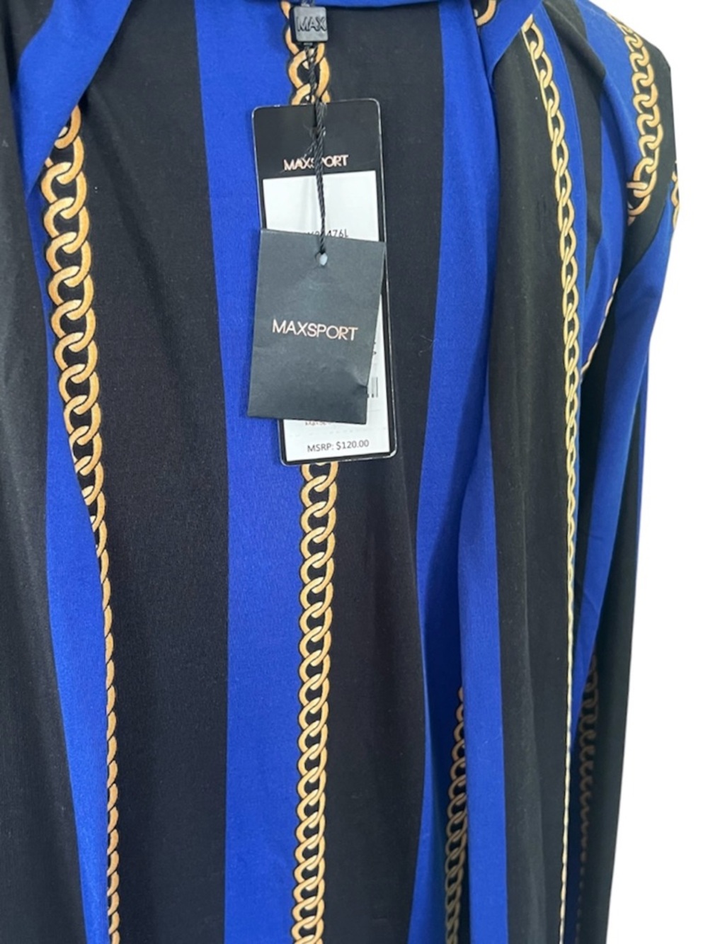 NWT MaxSport Chain Print Pattern Neck Tie Long Sleeve Cobalt Blouse Size Medium - Picture 13 of 13